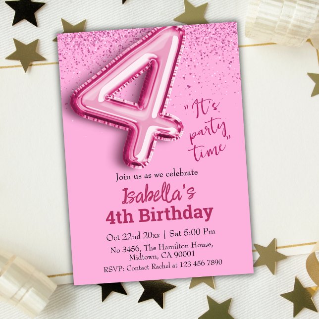 Pink glitter cute balloon no.4 girly 4th birthday invitation (Creator Uploaded)