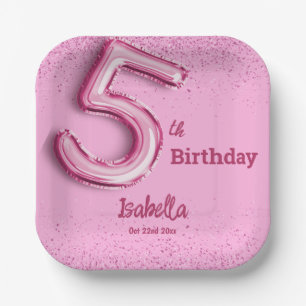 Pink glitter cute balloon no.5 girly 5th birthday paper plate