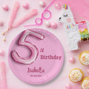 Pink glitter cute balloon no.5 girly 5th birthday  paper plate
