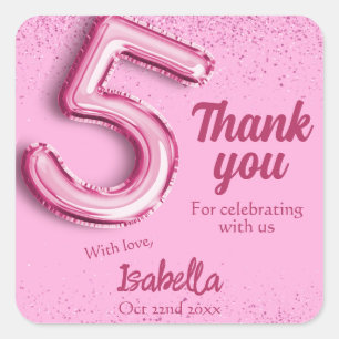 Pink glitter cute balloon no.5 girly 5th birthday square sticker