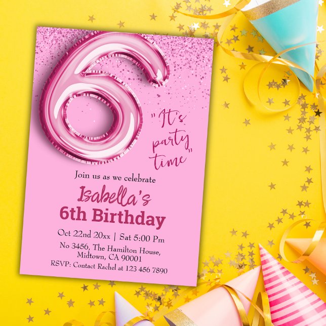 Pink glitter cute balloon no.6 girly 6th birthday  invitation (Creator Uploaded)