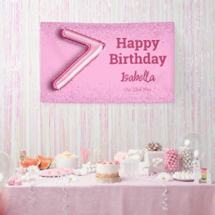 Pink glitter cute balloon no.7 girly 7th birthday banner