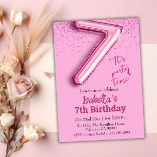 Pink glitter cute balloon no.7 girly 7th birthday invitation