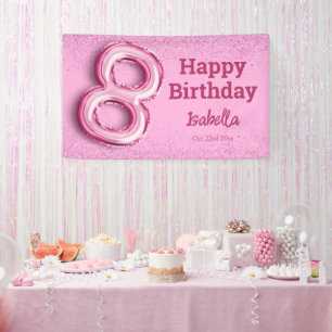 Pink glitter cute balloon no.8 girly 8th birthday banner