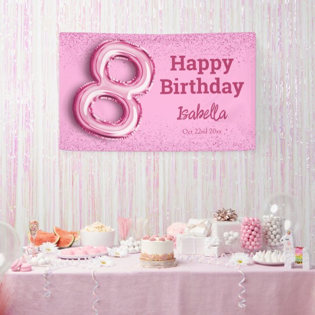 Pink glitter cute balloon no.8 girly 8th birthday banner (Party)