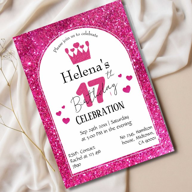Pink glitter cute vibrant sparkling 17th birthday invitation (Creator Uploaded)