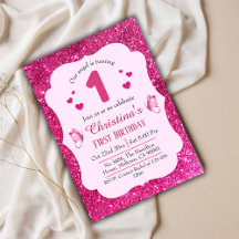 Pink glitter cute vibrant sparkling 1st birthday