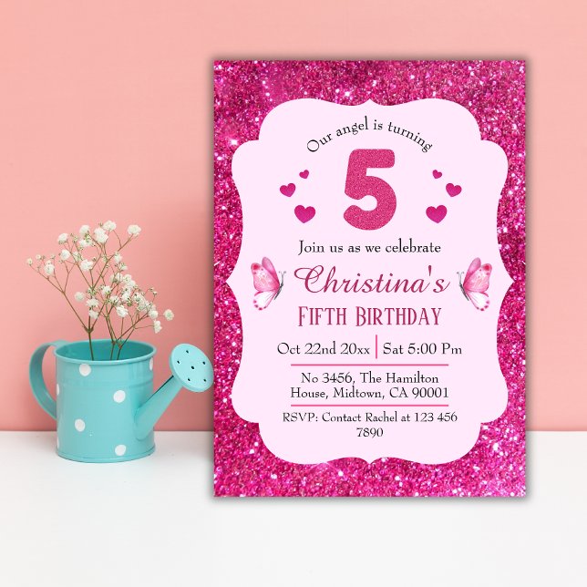 Pink glitter cute vibrant sparkling 5th birthday  invitation (Creator Uploaded)