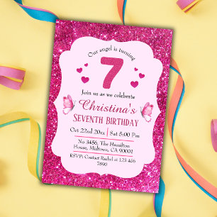 Pink glitter cute vibrant sparkling 7th birthday invitation