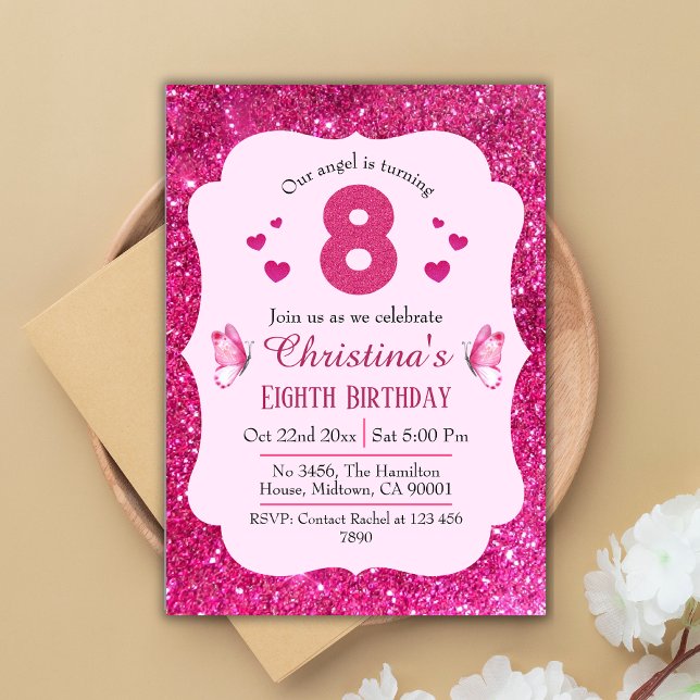 Pink glitter cute vibrant sparkling 8th birthday invitation (Creator Uploaded)