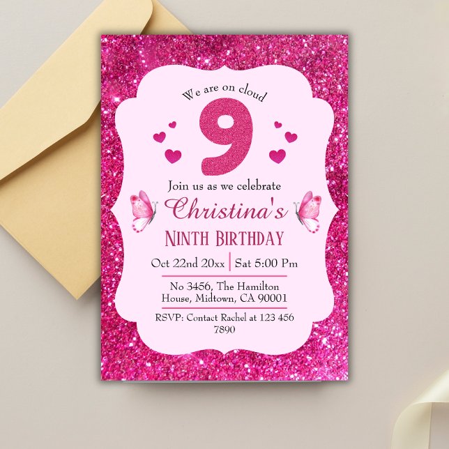Pink glitter cute vibrant sparkling 9th birthday  invitation (Creator Uploaded)