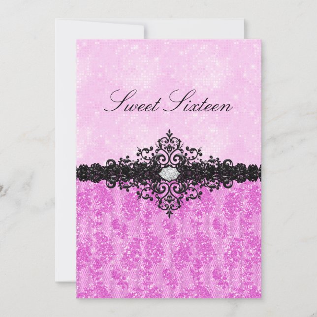 Pink Glitter Damask Sweet 16 Invitation (Front)
