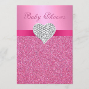 Pink Glitter Diamond Heart Baby Shower Invitation