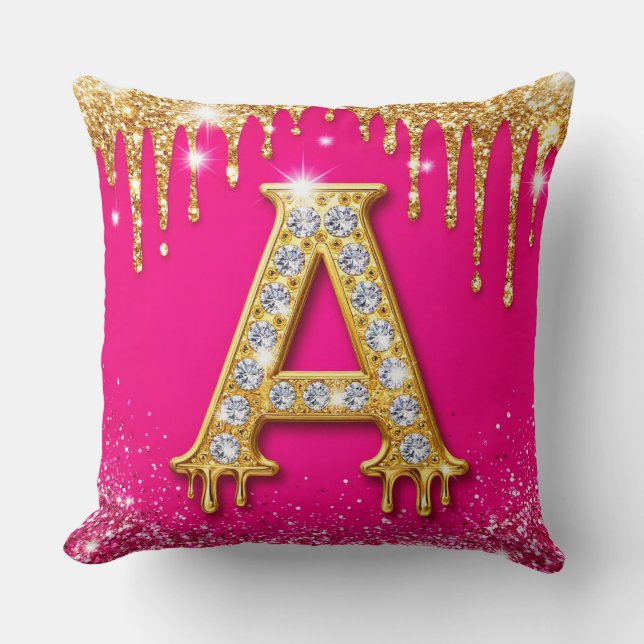 Pink Glitter Diamond Initial A Gold Frame Monogram Cushion (Front)