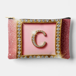Pink Glitter Diamond Initial C Gold Frame Monogram Accessory Pouch