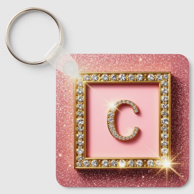 Pink Glitter Diamond Initial C Gold Frame Monogram Key Ring (Front)