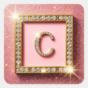 Pink Glitter Diamond Initial C Gold Frame Monogram Square Sticker