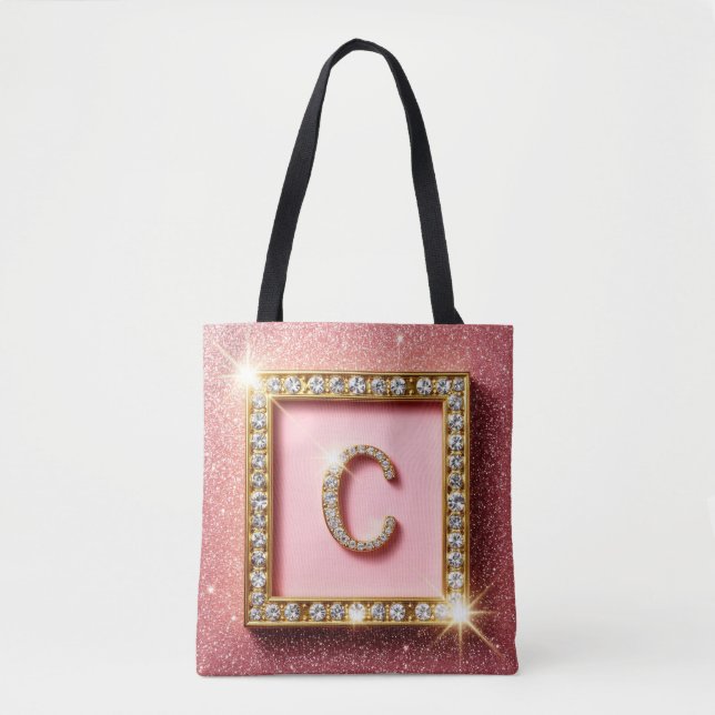 Pink Glitter Diamond Initial C Gold Frame Monogram Tote Bag (Front)