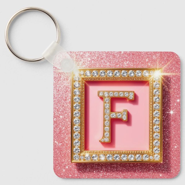 Pink Glitter Diamond Initial F Gold Frame Monogram Key Ring (Front)