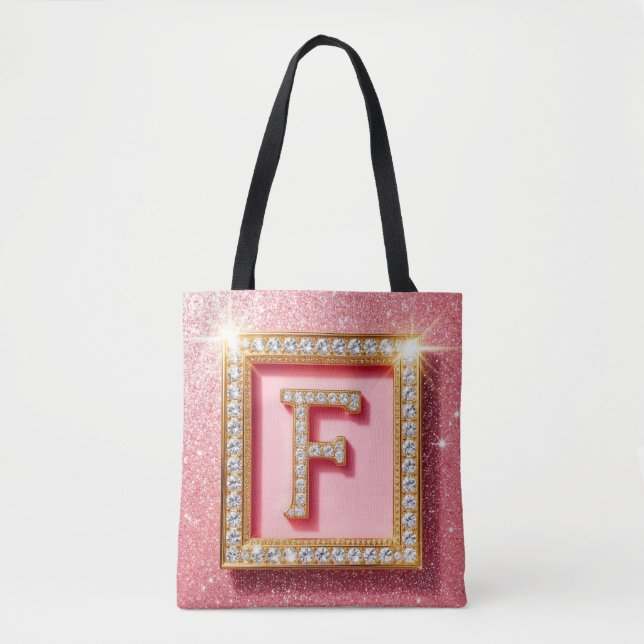 Pink Glitter Diamond Initial F Gold Frame Monogram Tote Bag (Front)