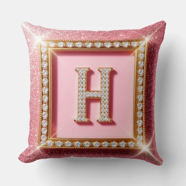 Pink Glitter Diamond Initial H Gold Frame Monogram Cushion (Front)