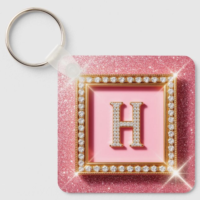 Pink Glitter Diamond Initial H Gold Frame Monogram Key Ring (Front)
