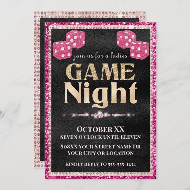Pink Glitter Dice Ladies Game Night Gold on Black Invitation (Front/Back)