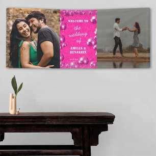 Pink Glitter Disco Balls 2 Photo Wedding Welcome Banner