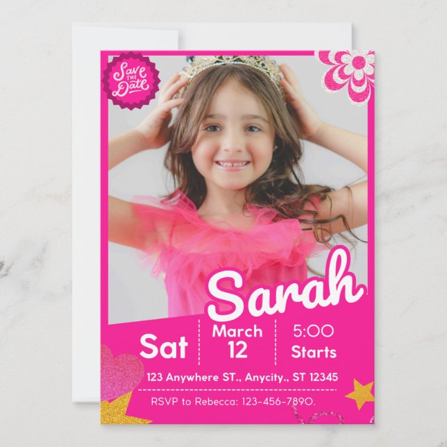 Pink Glitter Doll Inspired Birthday Invitation (Front)