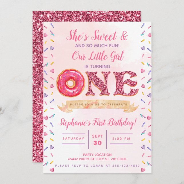 Pink, Glitter, Doughnut Birthday Invitation (Front/Back)