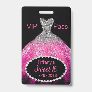 Pink Glitter Dress Sweet 16 VIP Party Badge ID Badge