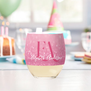 Pink Glitter Drinkware Set with Name & Initials Stemless Wine Glass