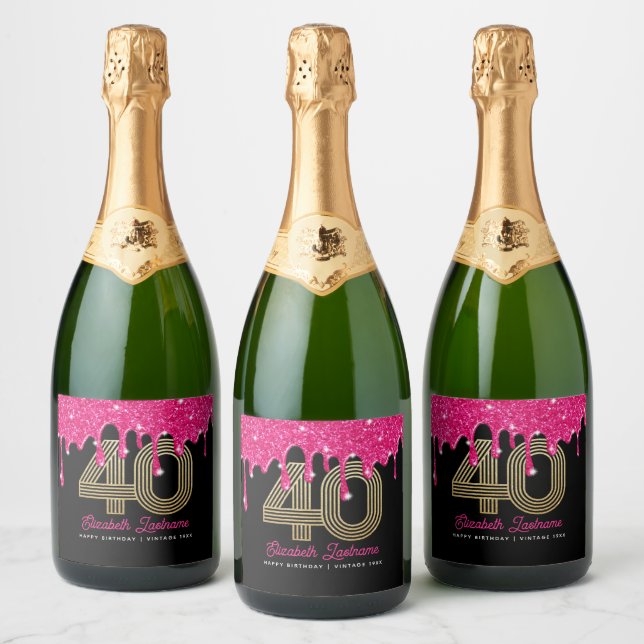 Pink Glitter Drip 40th Birthday Sparkling Wine Lab Label (Bottles)
