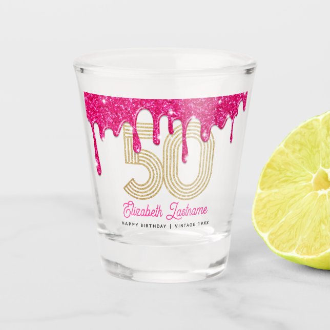 Pink Glitter Drip 50th Birthday Shot Glass (Front)