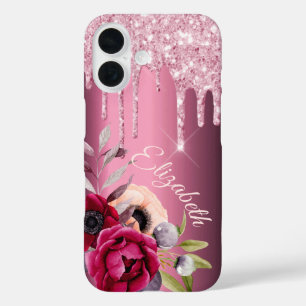 Pink glitter drip burgundy florals name iPhone 16 case