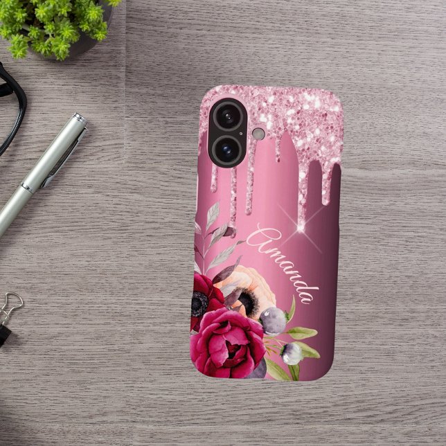 Pink glitter drip burgundy metallic florals name Case-Mate iPhone case (Creator Uploaded)