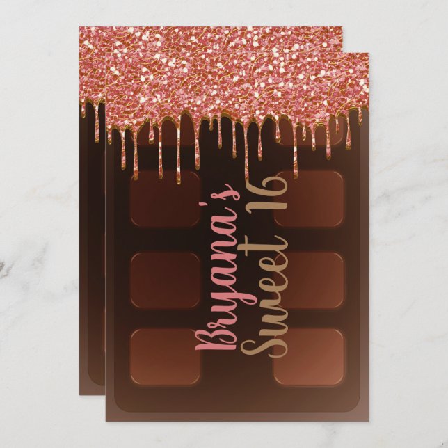 Pink Glitter Drip Chocolate Candy Bar Sweet 16 Invitation (Front/Back)