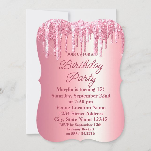 PINK GLITTER DRIP ELEGANT BIRTHDAY INVITATION (Front)