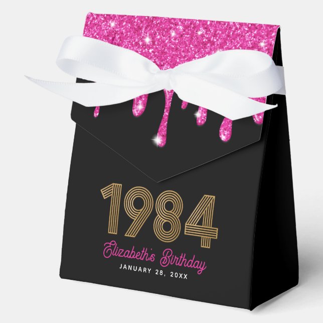 Pink Glitter Drip Faux Gold 1984 40th Birthday Favour Box (Front)