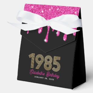 Pink Glitter Drip Faux Gold 1985 40th Birthday Favour Box