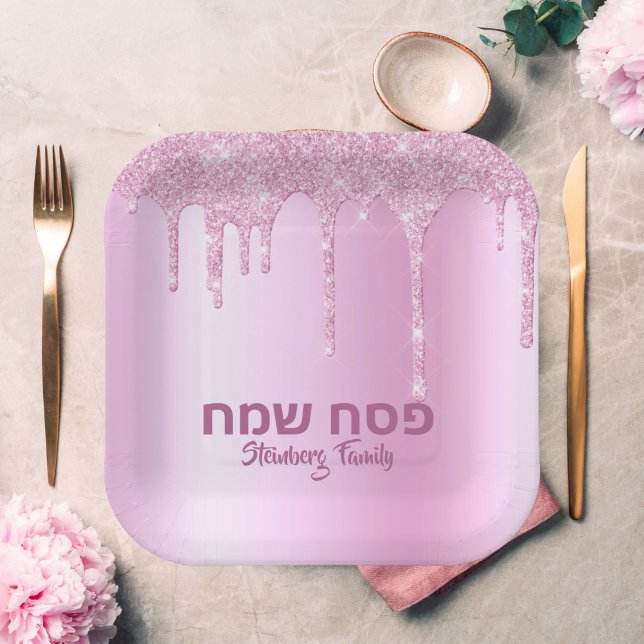 Pink Glitter Drip Hebrew Pesach Sameach Passover  Paper Plate (Creator Uploaded)