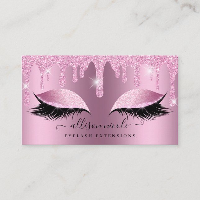 Pink Glitter Drip Metallic Foil Eyelash Business Card (Front)