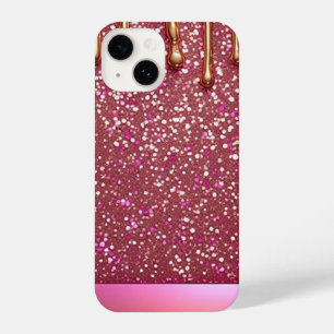 Pink Glitter Drip Over Gold Metallic Background iPhone 14 Case