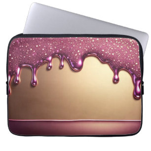 Pink Glitter Drip Over Gold Metallic Background Laptop Sleeve