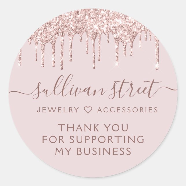 Pink Glitter Drip Small Business Thank You Classic Round Sticker (Front)