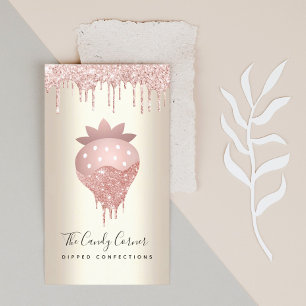 Pink Glitter Drip Strawberry Confection Sweet Gold Business Card