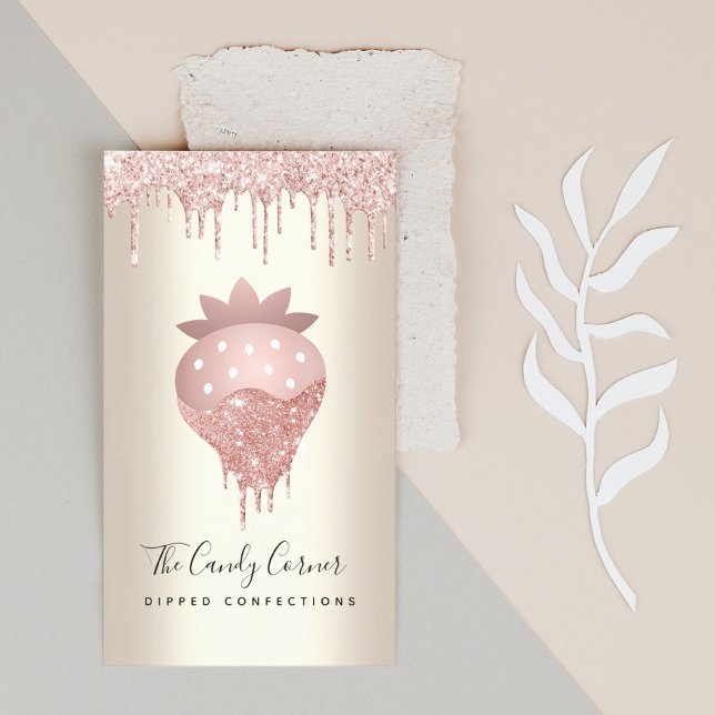 Pink Glitter Drip Strawberry Confection Sweet Gold Business Card (Creator Uploaded)