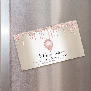 Pink Glitter Drip Strawberry Confection Sweet Gold Magnetic Business Card