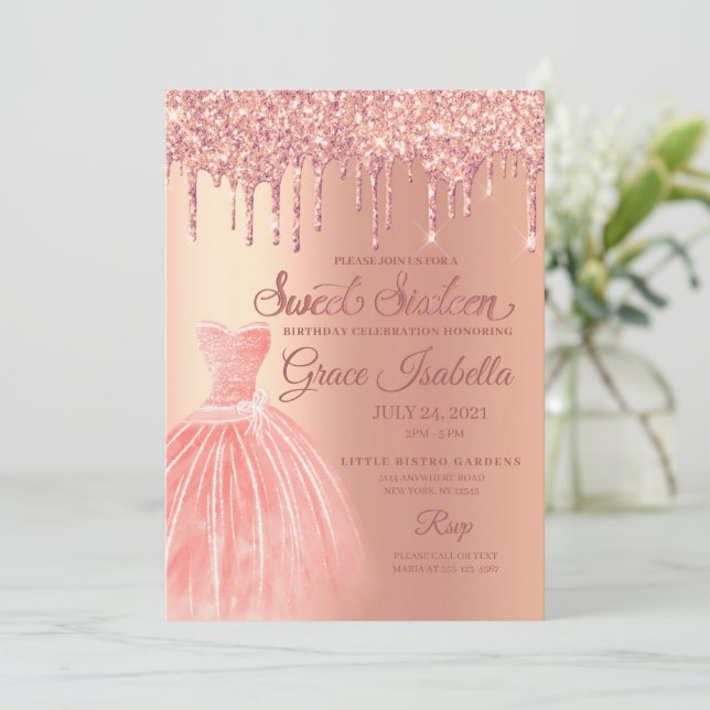 Pink Glitter Drip Sweet Sixteen Birthday Invitation (Standing Front)