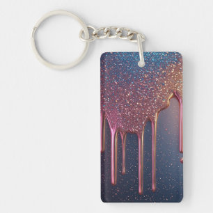 Pink Glitter Drip With Sparkling Stars Abstract Key Ring